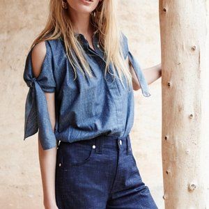 Anthropologie Chambray Cold Shoulder Tie Top